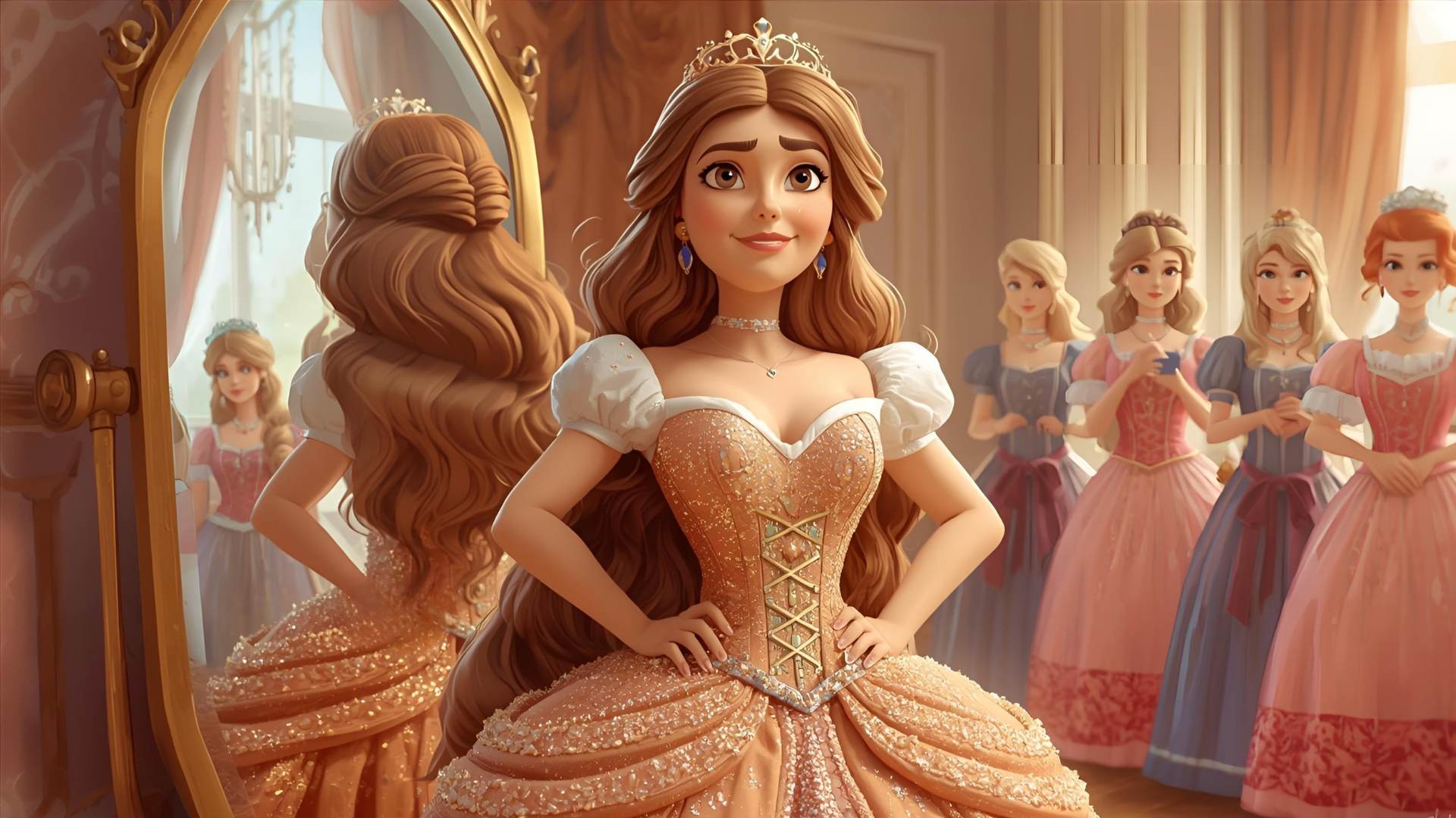 Princezna Amélie se spokojeně prohlíží v zrcadle v královské komnatě, zatímco ji komorné připravují v bohatě zdobených šatech.