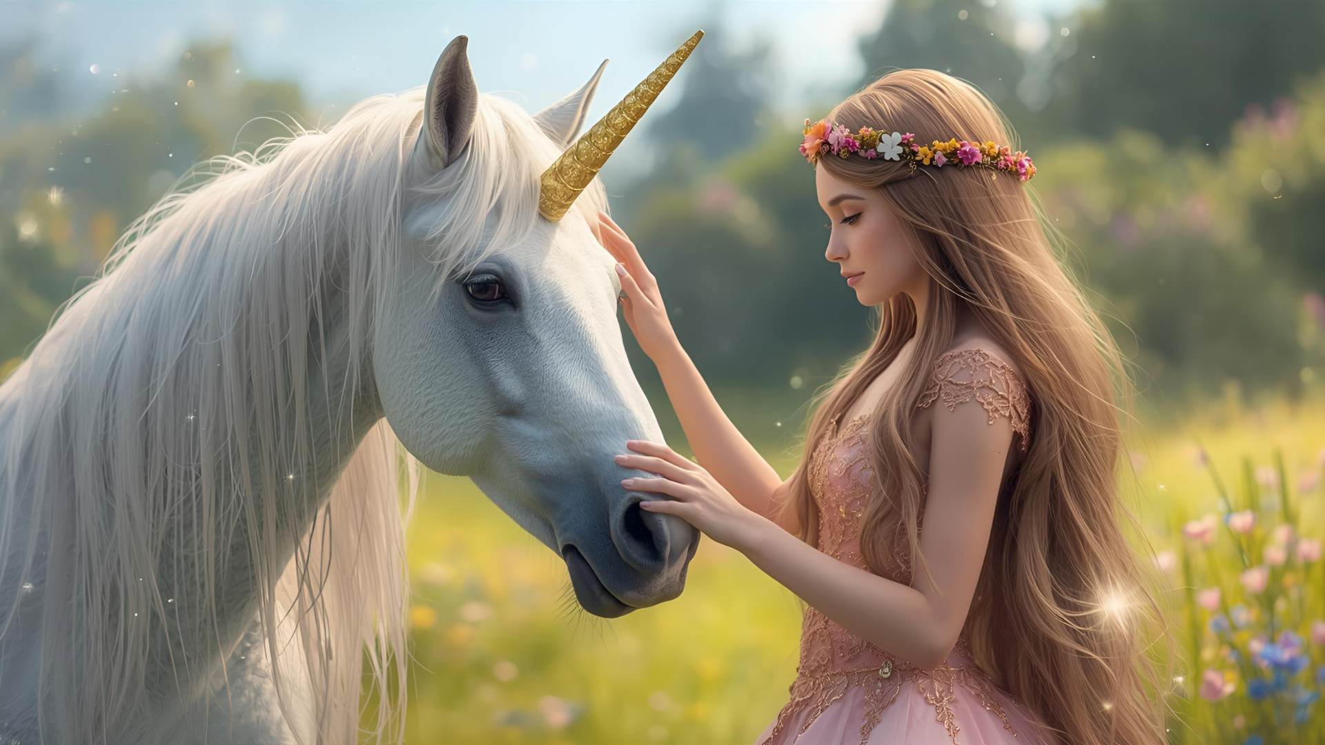 Princezna Amélie, mající na hlavě květinovou čelenku, něžně hladí jednorožce Topaze v prosluněném lese.